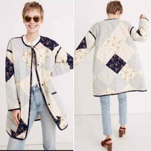 NEW Madewell x Denim Project Patchwork Cocoon Coat Quilted Blue Ivory